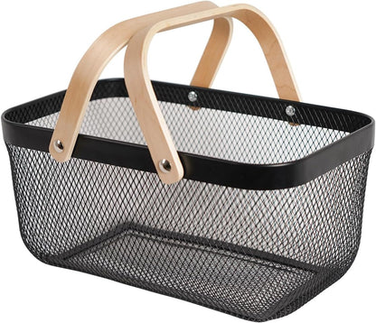 Metal Mesh Steel Harvest Basket, Rectangle Wire Garden Basket with Handle – Multi-functional Storage Organizer for Gathering Vegetables, Fruits, Kitchen, Garden, Picnic & Cabinet (Ivory)