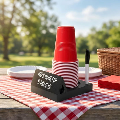 Wooden Brown Party Cup Holder with Marker Slot | Mark Your Cup and Drink Up Cup Holder |Hosting Party Essentials |Disposable Mug Dispenser for Birthday, BBQ, Holiday Events,Housewarming Gift (Brown)