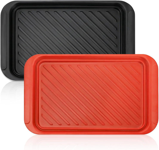 DEAYOU 2 Pack Grilling Prep and Serve Trays, 17" x 10.5" BBQ Platters for Cooked and Raw Meat, Melamine Serving Trays for Food, Outdoor, Grill Accessories, Dishwasher Safe, Black and Red