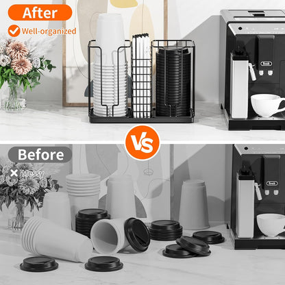 Coffee Cup and Lid Holder - Disposable Cup Holder, Metal Paper Cup Holder 3-Compartment Coffee Cup Dispenser for Countertop Coffee Station Bar Restaurant Office Breakroom Shop Kitchen