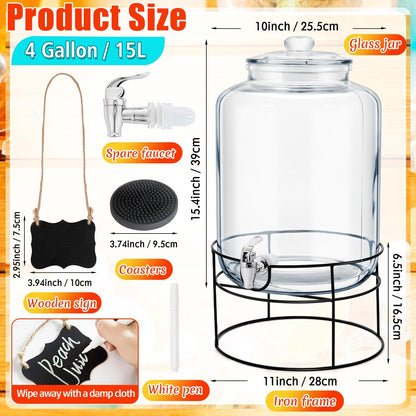 1 Pack 4 Gallon Glass Beverage Dispenser with Stand Spigot and Drink Coasters Leakproof Glass Drink Beverage Storage for Parties Mason Jar Dispenser with Lids
