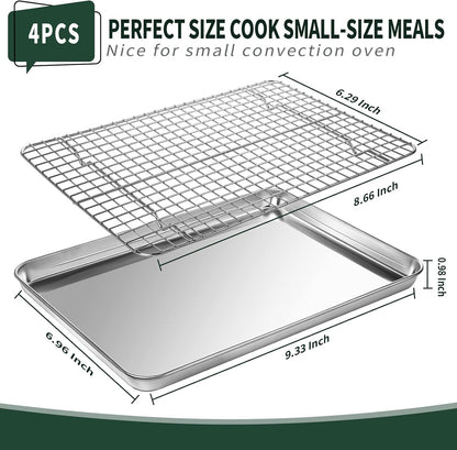 Jelly Roll Pan with Cooling Rack Set [2 Baking Pans + 2 Baking Racks], CEKEE Stainless Steel Baking Sheet Tray with Wire Rack Set, Commercial Quality, Rust Proof & Nonstick, Size 15.94 x 12 x 1 Inch
