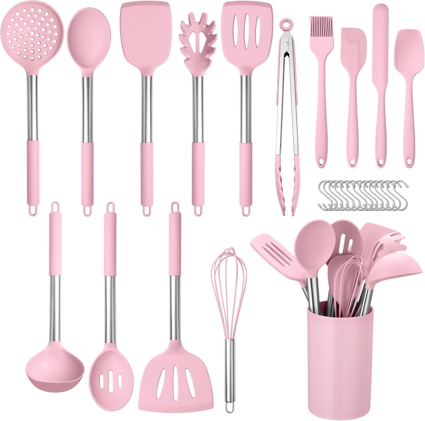 HaWare 29 PCS Silicone Cooking Utensils Set, Heat Resistant Kitchen Utensils Set with Stainless Steel Handle, Spatula Sets with Holder and Hooks, Kitchen Tools Gadgets for Nonstick Cookware -Khaki