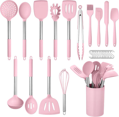 HaWare 29 PCS Silicone Cooking Utensils Set, Heat Resistant Kitchen Utensils Set with Stainless Steel Handle, Spatula Sets with Holder and Hooks, Kitchen Tools Gadgets for Nonstick Cookware -Khaki