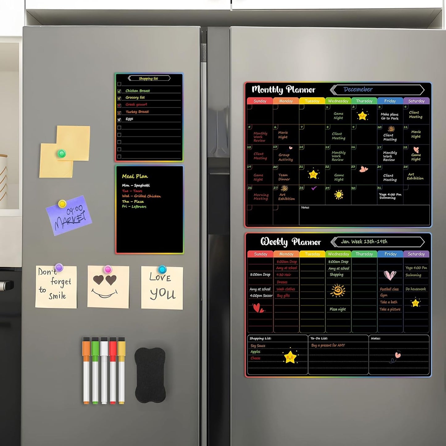 MaxGear 4 Pack Magnetic Fridge Calendar Set, 15" x 11.5" Dry Erase Whiteboard Calendar for Refrigerator, Includes Monthly, Weekly, List and Small Board with 5 Markers, 1 Eraser and 5 Magnets