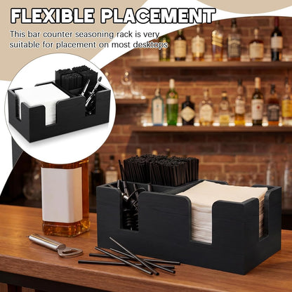 Mifoci Wooden Bar Caddy with 6 Compartments, Acacia Wood Bar Caddy Napkin & Straw Holder Organizer Cocktail Napkin Holder Condiments for Home Office Kitchen Countertop (Brown, 10.6 L x 5.5 W)