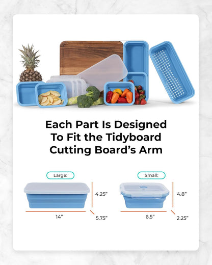 TidyBoard Meal Prep System Starter - Over-the-Sink Smart Chopping Board with 1 Large Strainer, Tubs, & Lids - 1” Thick Acacia Wood Cutting Board with Containers & Strainer, 12 pieces