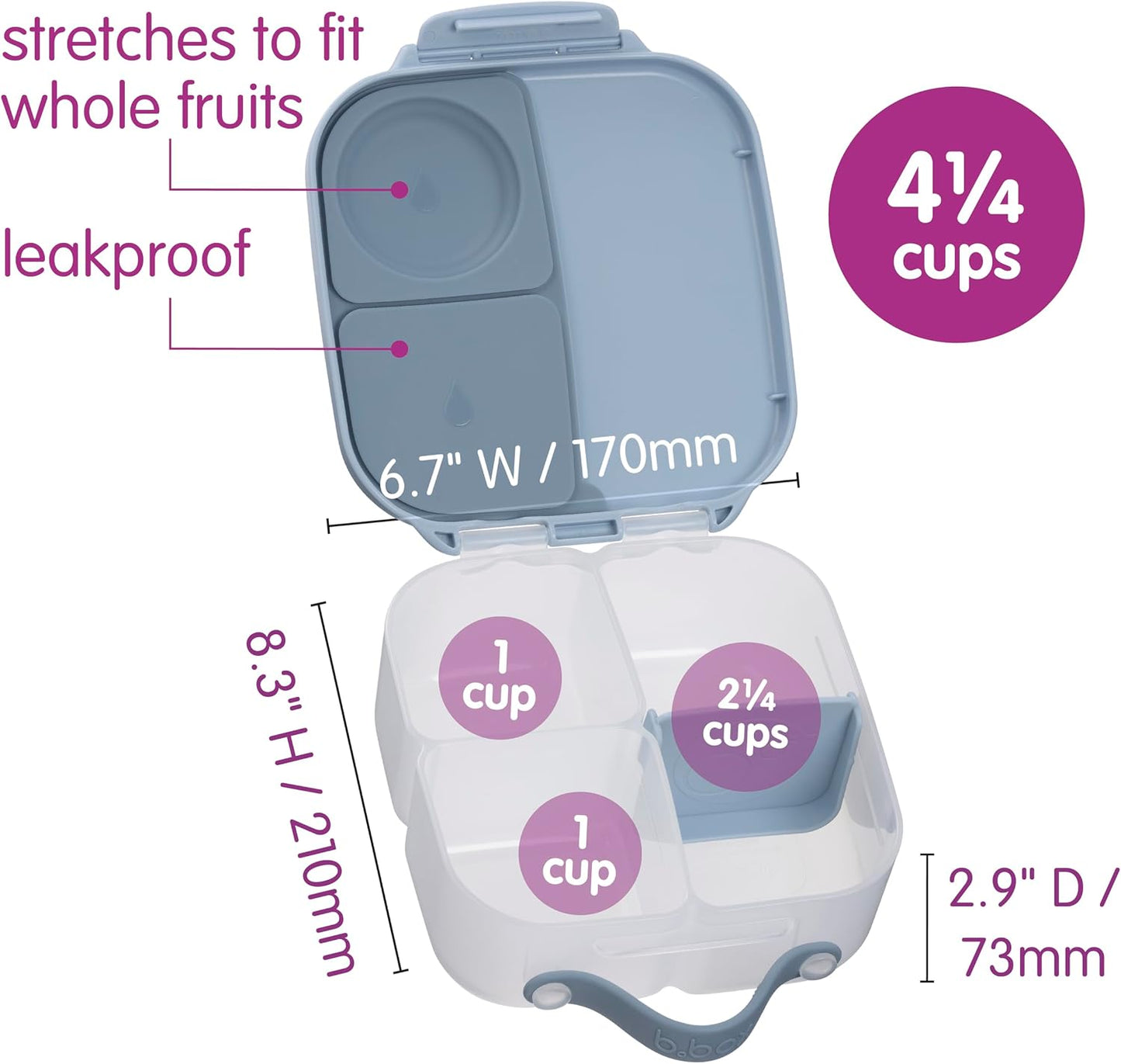 b.box Mini Lunch Box 2-Pack, Leak Proof Bento Box for Kids, 3 Compartment Snack Containers Ages 3+, Lunchbox for Daycare + School, Dishwasher Safe, BPA-Free, PFAS-Free, 4.25 Cup - Blue + Green