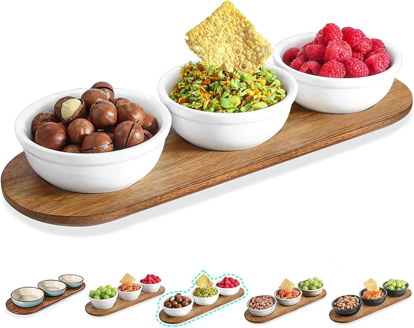Artena 6oz Turquoise Solid Ceramic Chips and Dip Serving Platter with Acacia Wooden Tray, 4.5inch Glazing Small Serving Bowls/Dipping Dishes for Condiments,Side Dishes, Dipping, Pre, Dessert, Salsa