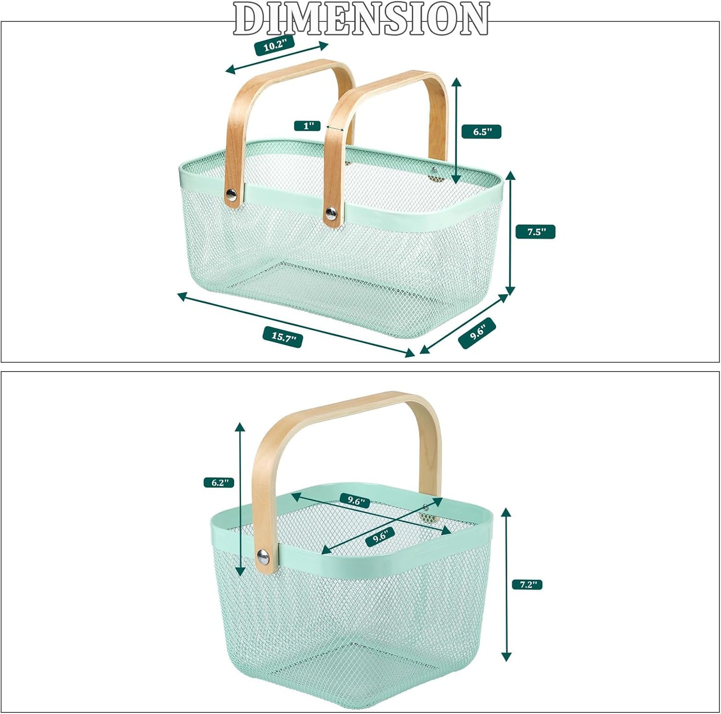 Coloful Metal Mesh Wire Basket with Foldable Wooden Handle,Bin Garden Fruit Vegetable Storage Hanging Harvest Holder for Kitchen Bathroom Picnic (Yellowish Green, Cuboid-15.7 x 9.5 x 7.2“)