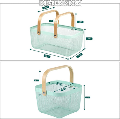Coloful Metal Mesh Wire Basket with Foldable Wooden Handle,Bin Garden Fruit Vegetable Storage Hanging Harvest Holder for Kitchen Bathroom Picnic (Yellowish Green, Cuboid-15.7 x 9.5 x 7.2“)