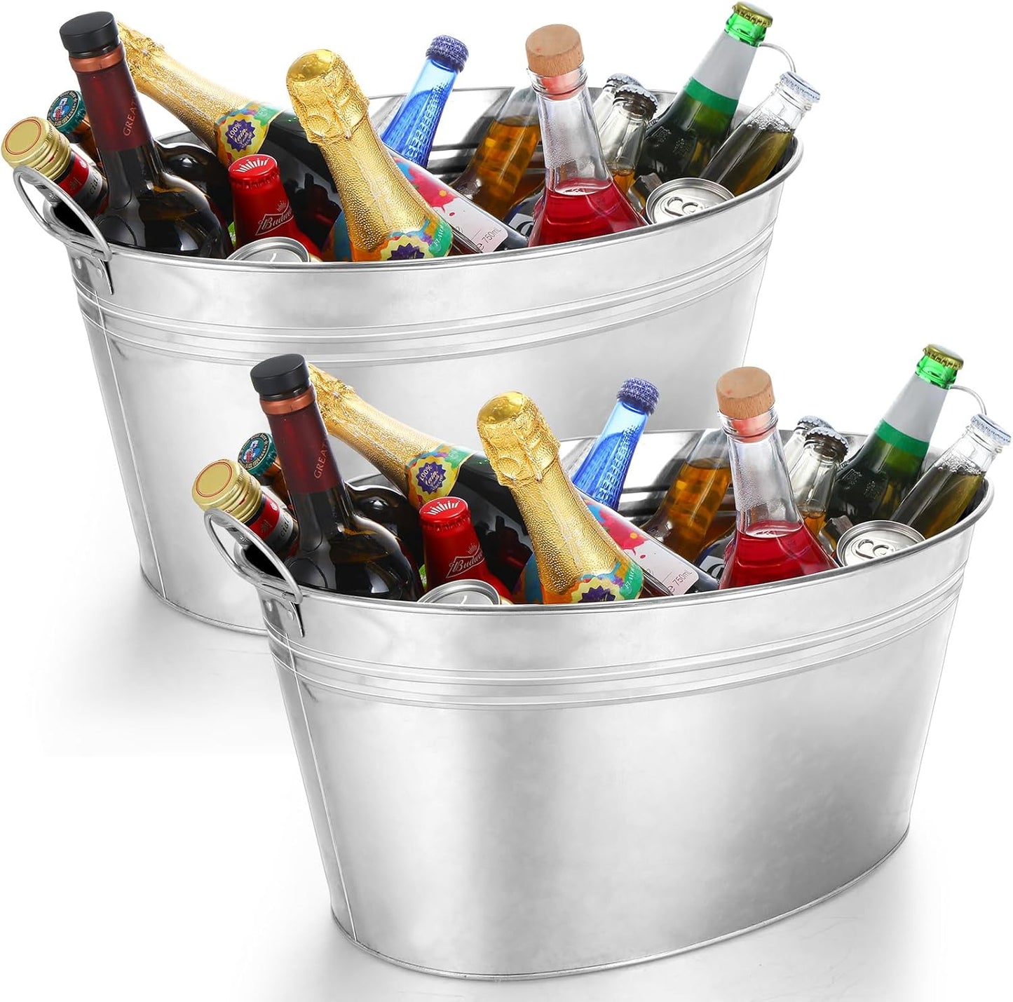 Ziliny 2 Pcs 6.3 Gallon Galvanized Beverage Tubs Large Drink Buckets for Parties Insulated Metal Ice Bucket with Handles Rustic Storage Container for Parties Beer Drinks, Silver