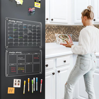 WALGLASS Acrylic Calendar for Fridge, 8.5"x11" Gold Weekly Clear Acrylic Magnetic Dry Erase Board for Refrigerator, Set of 2 Stronger-Magnetic Reusable Fridge Planner, Includes 8 Liquid Chalk Markers