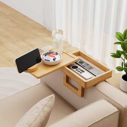 Wealone Mini Black Couch Arm Table for Narrow Armrest, Sofa Arm Tray with Storage Box, Rotating Tabletop & Phone Stand, Adjustable Sofa Arm Table Clip for Snacks or Dining, Width of Armrest 1-7 Inch