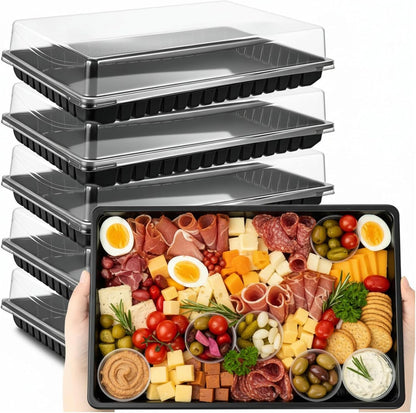 Shellwei 5 Pack Extra Large Charcuterie Board with Lids, 18 x 12 Inch Plastic Catering Trays for Cookies, Desserts, Candy, Reusable Serving Platters for Travel Party