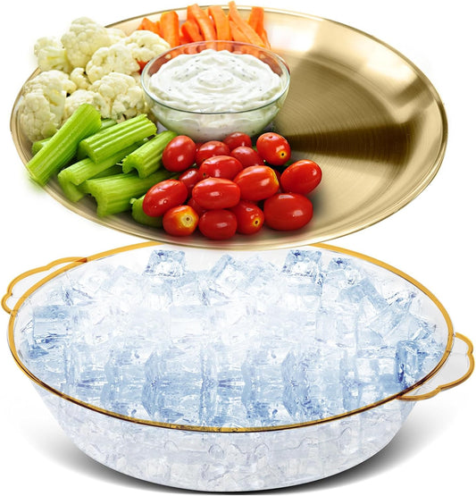 Baderke 1 Set 11.8" Chilled Serving Tray for Parties with Compartments Ice Chilled Party Platter Charcuterie Serving Board Cold Dish Dip for Fruit Seafood Vegetable Shrimp Cocktail (Natural)