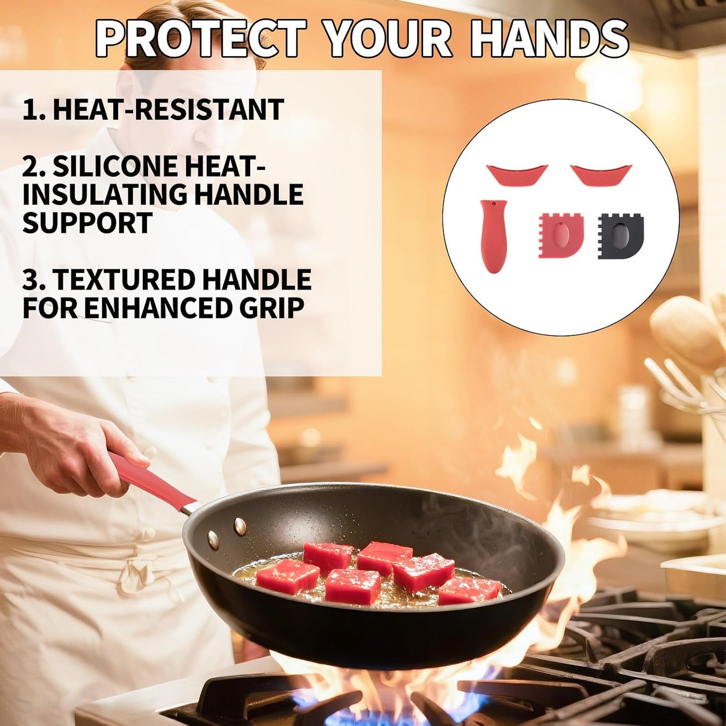 5pcs Silicone Handle Cover for Lodge Cast Iron Skillets, Includes Pan Grip Handle Cover 2 Assist Pot Holder Sleeves & 2 Grill Scrapers Heat Resistant Dishwasher Safe