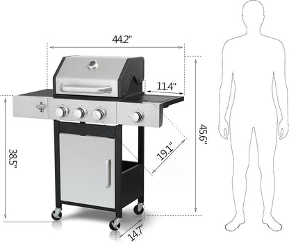 3-Burner Propane Gas Grill, 30,000 BTU Stainless Steel Outdoor BBQ Grill with Lid, Side Shelves & Wheels for Patio, Garden and Backyard Cooking