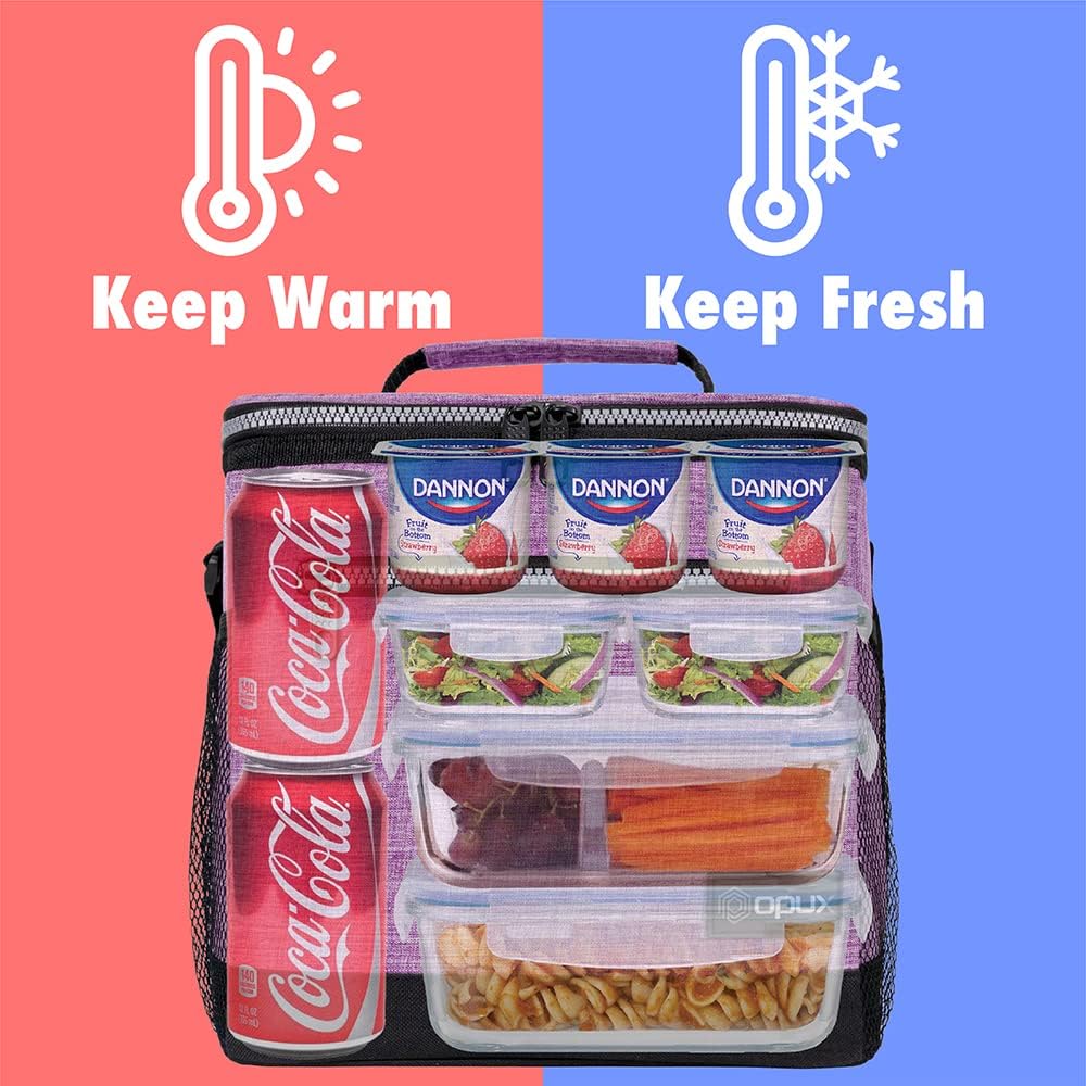 opux Insulated Lunch Box Men Women, Lunch Bag for Work School, Leakproof Soft Cooler Tote Adult, Large Lunch Pail Kids Boys Girls, Picnic Beach Food Bag with Shoulder Strap, Purple Floral