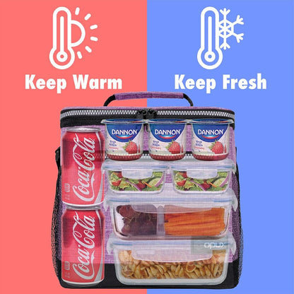 opux Insulated Lunch Box Men Women, Lunch Bag for Work School, Leakproof Soft Cooler Tote Adult, Large Lunch Pail Kids Boys Girls, Picnic Beach Food Bag with Shoulder Strap, Purple Floral