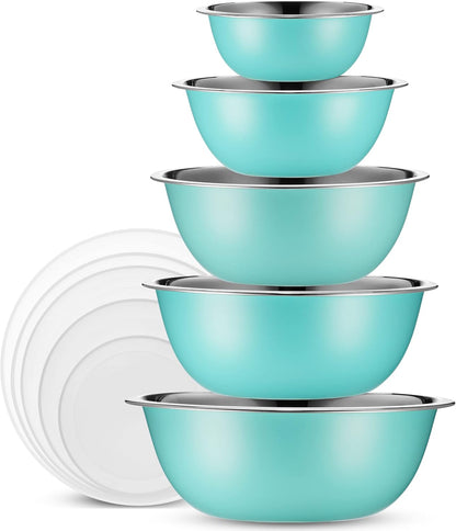 WHYSKO Stainless Steel Mixing Bowl Set, 10 Piece Stainless Steel Mixing Bowls with Lids Set for Food Prep Storage and Serving, Dishwasher Safe for Kitchen Baking Cooking, Silver