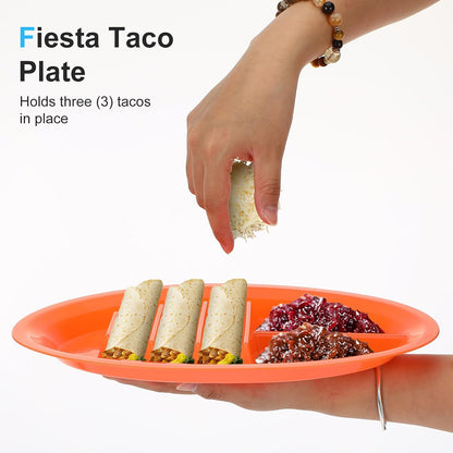 10 Pack Plastic Taco Plates with Dividers, 12.8 x 8.66 Inch Taco Holder Plate for Parties - BPA Free Plastic Serving Trays for Tacos Tuesday, Microwave & Dishwasher Safe (5 Vibrant Colors)
