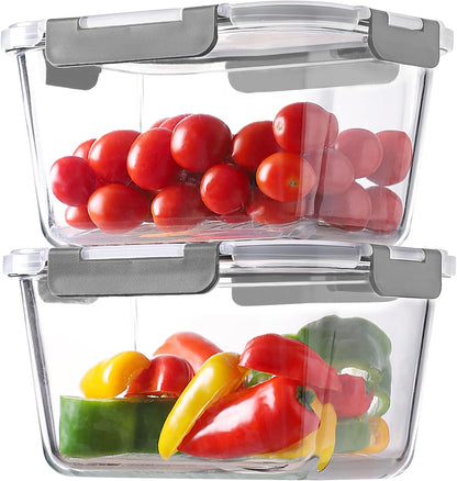 HOMBERKING 4 Pieces 63oz/8cup Large Glass Food Storage Containers with Lids, Meal Prep Containers, Airtight Bento Boxes with Leak Proof Locking (2 Containers + 2 Lids) - Microwave, Oven Safe