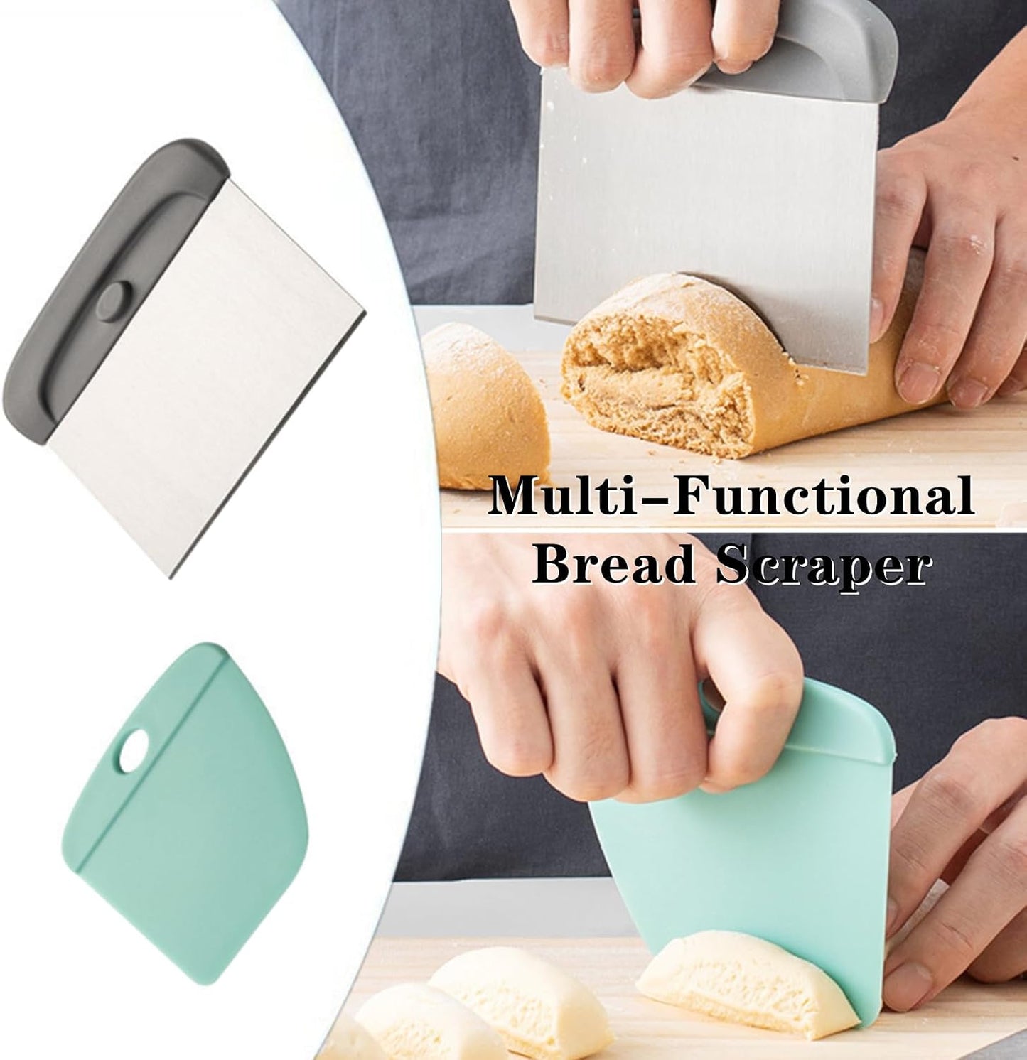 1 Set Bench Bread Scraper Professional Stainless Steel Dough Cutter Pizza Cutter with Grip Handles for Kitchen