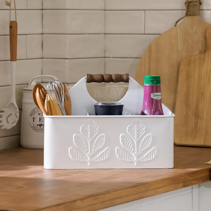 Silverware Caddy for Party Kitchen Flatware Holder for Countertop Metal White Plant Pattern Embossed Cutlery Organizer with 4 Compartments for Utensils, Spoons, Knives, Forks