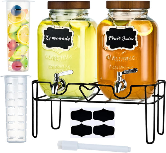 2 Pack1Gallon Glass Drink Dispenser with Stand&Bamboo Lids&Fruit Infuser,304 Stainless Steel Leak-Proof Spigot,Beverage Dispenser for Parties,Water Sangria Juice Sun Tea Lemonade(Natural)