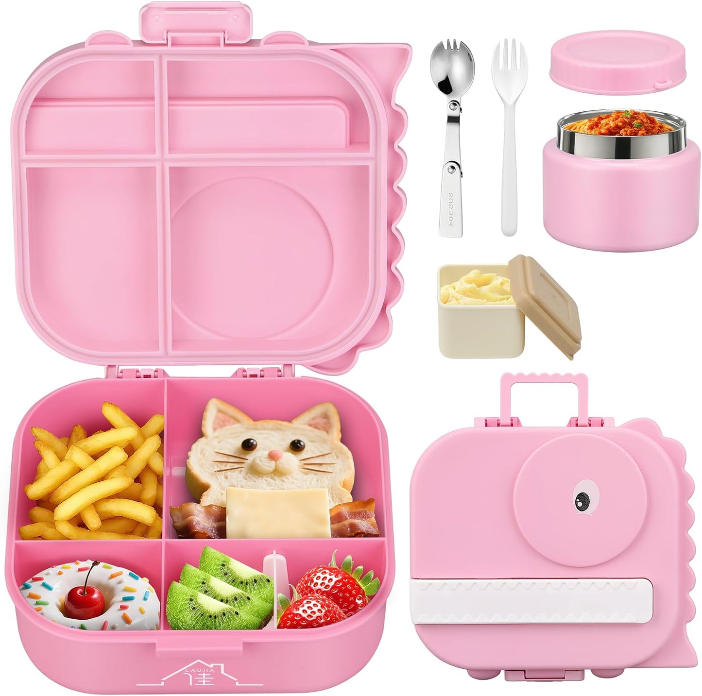 Lunch Box Kids with 5 Compartments, Insulated Food Jar & Utensils, Leak Proof Bento Box with Sauce Container, BPA-Free & Dishwasher Safe, Dinosaur Design(Purple)