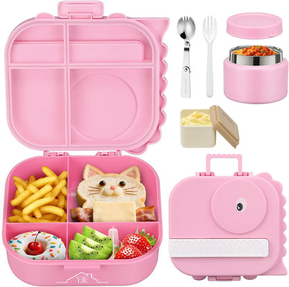 Lunch Box Kids with 5 Compartments, Insulated Food Jar & Utensils, Leak Proof Bento Box with Sauce Container, BPA-Free & Dishwasher Safe, Dinosaur Design(Purple)