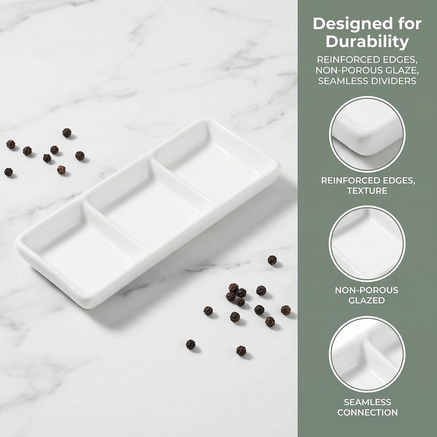 DOITOOL Ceramic Divided Serving Tray 5.8 inch, 4 Pack 3 Compartment Appetizer Tray White Stackable Chip and Dip Serving Dish Condiment Server for Entertaining, Snack Food Dessert, Dishwasher Safe