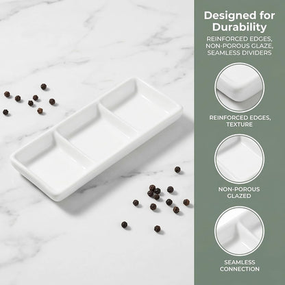 DOITOOL Ceramic Divided Serving Tray 5.8 inch, 4 Pack 3 Compartment Appetizer Tray White Stackable Chip and Dip Serving Dish Condiment Server for Entertaining, Snack Food Dessert, Dishwasher Safe