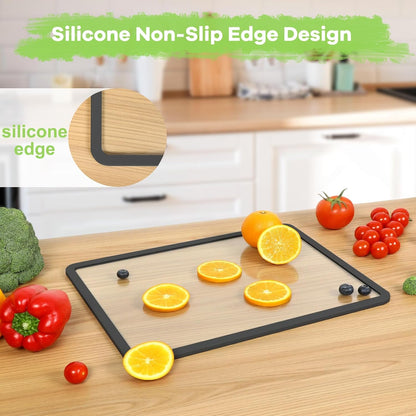 Cutting Board, Tempered Glass Cutting Board for Kitchen Counter, 2Pcs Chopping Board Set with Non-Slip Silicone Edges, Heat Resistant, Dishwasher Safe, Kitchen Decoration