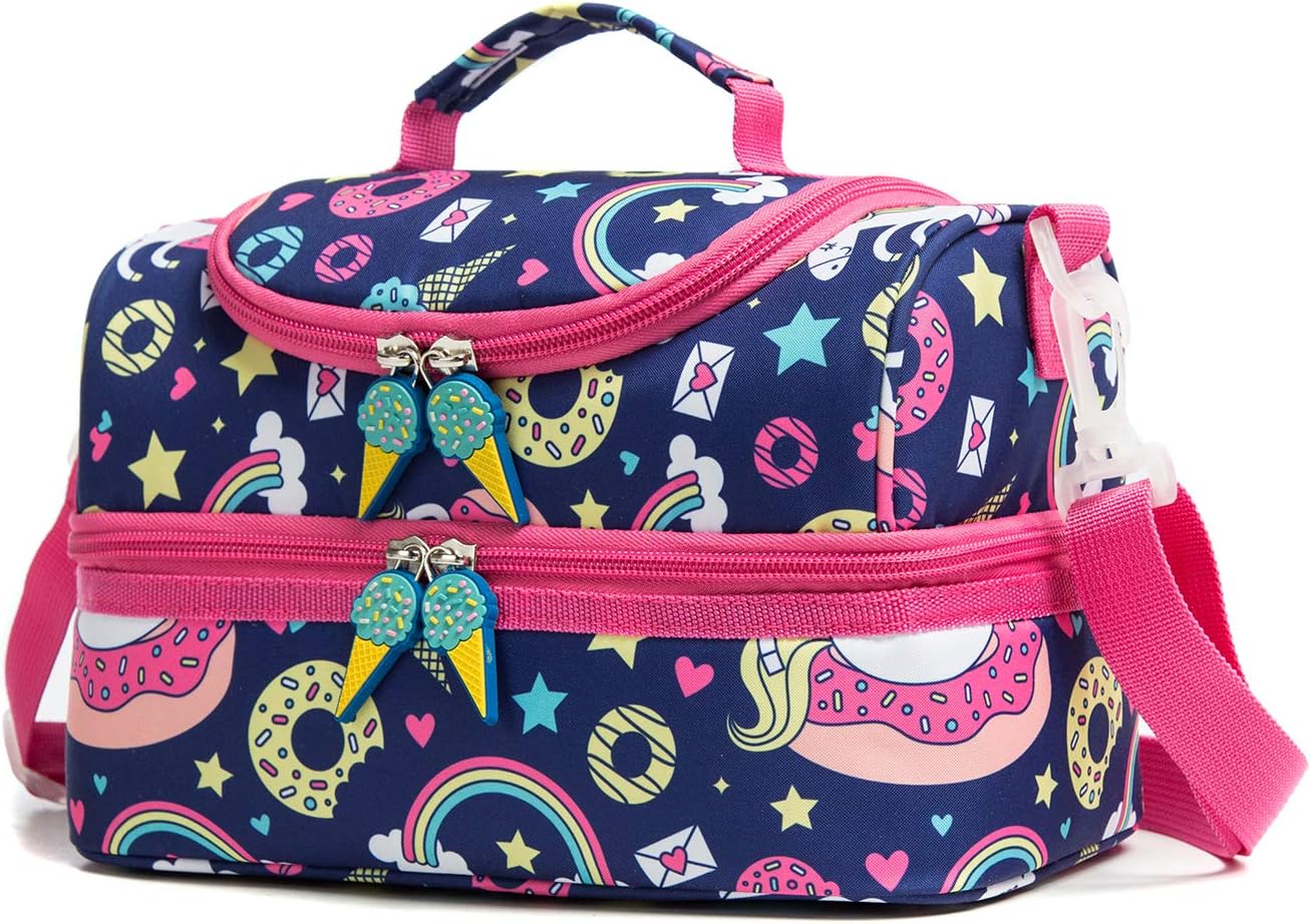 Insulated Kids Dual Compartment Lunch Bags Tote for Girls Boys Toddler School Picnic Food Cooler Thermal with Strap Lunch Boxes Blue Unicorn