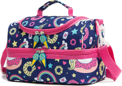 Insulated Kids Dual Compartment Lunch Bags Tote for Girls Boys Toddler School Picnic Food Cooler Thermal with Strap Lunch Boxes Blue Unicorn
