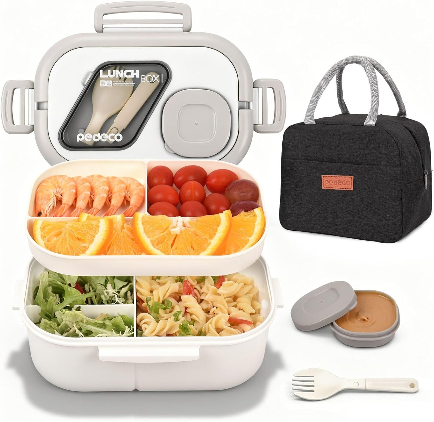 PEDECO All-in-one Bento Lunch Box Set for Adults & Kids with Insulated Bag, Leakproof 3-Compartment and 2-Tier Stackable Container with Portable Sauce Pod, Microwave/Dishwasher Safe, BPA-Free (White)