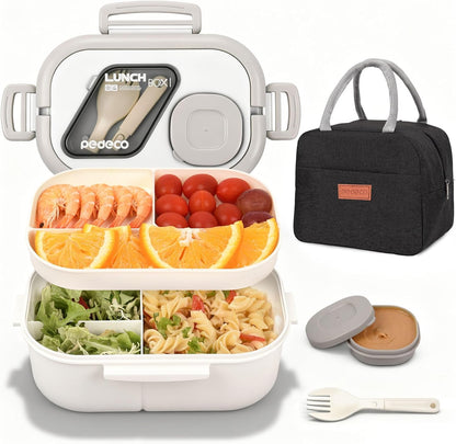 PEDECO All-in-one Bento Lunch Box Set for Adults & Kids with Insulated Bag, Leakproof 3-Compartment and 2-Tier Stackable Container with Portable Sauce Pod, Microwave/Dishwasher Safe, BPA-Free (White)