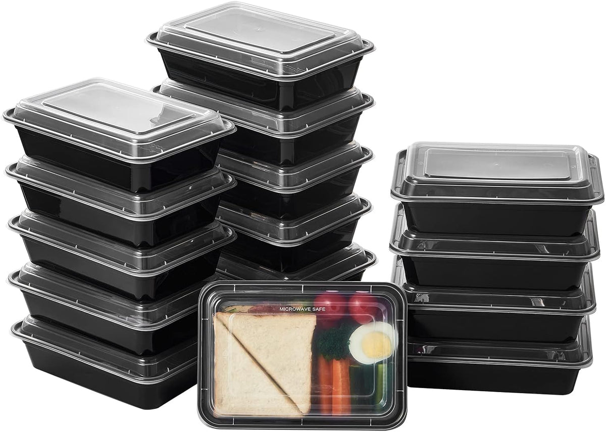 FULING 32 oz 50 ct Round Meal Prep Containers with Lids Plastic Food Storage Lunch Plan To Go Box Disposable Take Out Bowls Black BPA Free Reusable Durable Stackable Microwave Freezer Dishwasher Safe