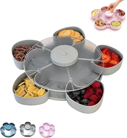 Divided Rotating Snack Tray with Lid, 5 Section Snack Serving Container for Party, Movie Night, Picnic & Travel, Fruit and Veggie Tray Organizer with Spin Design (Gray)