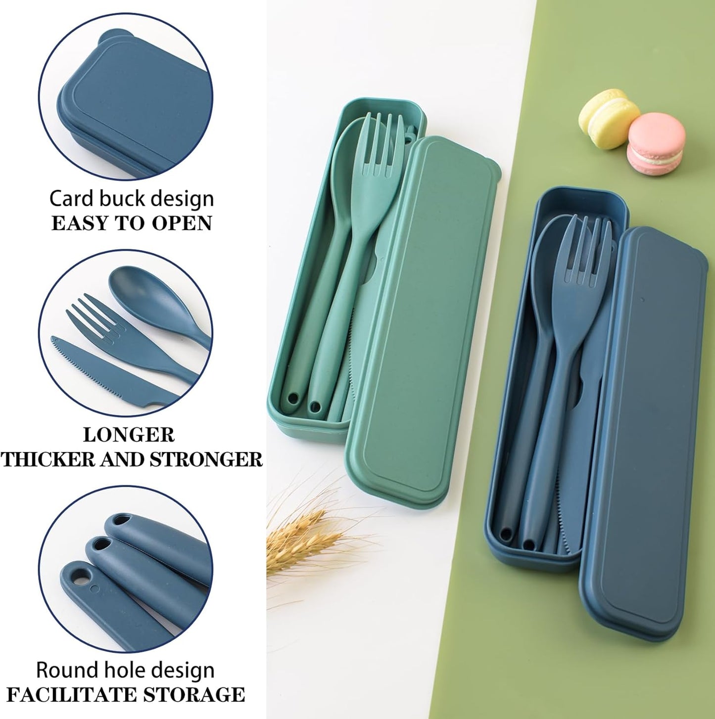Large Plastic Reusable Utensils Set with Case, Travel Chopsticks Fork Spoon Knife Set for Lunch Box, Portable Cutlery Sets for Travel Camping Daily Use (2 Sets), Blue, Green