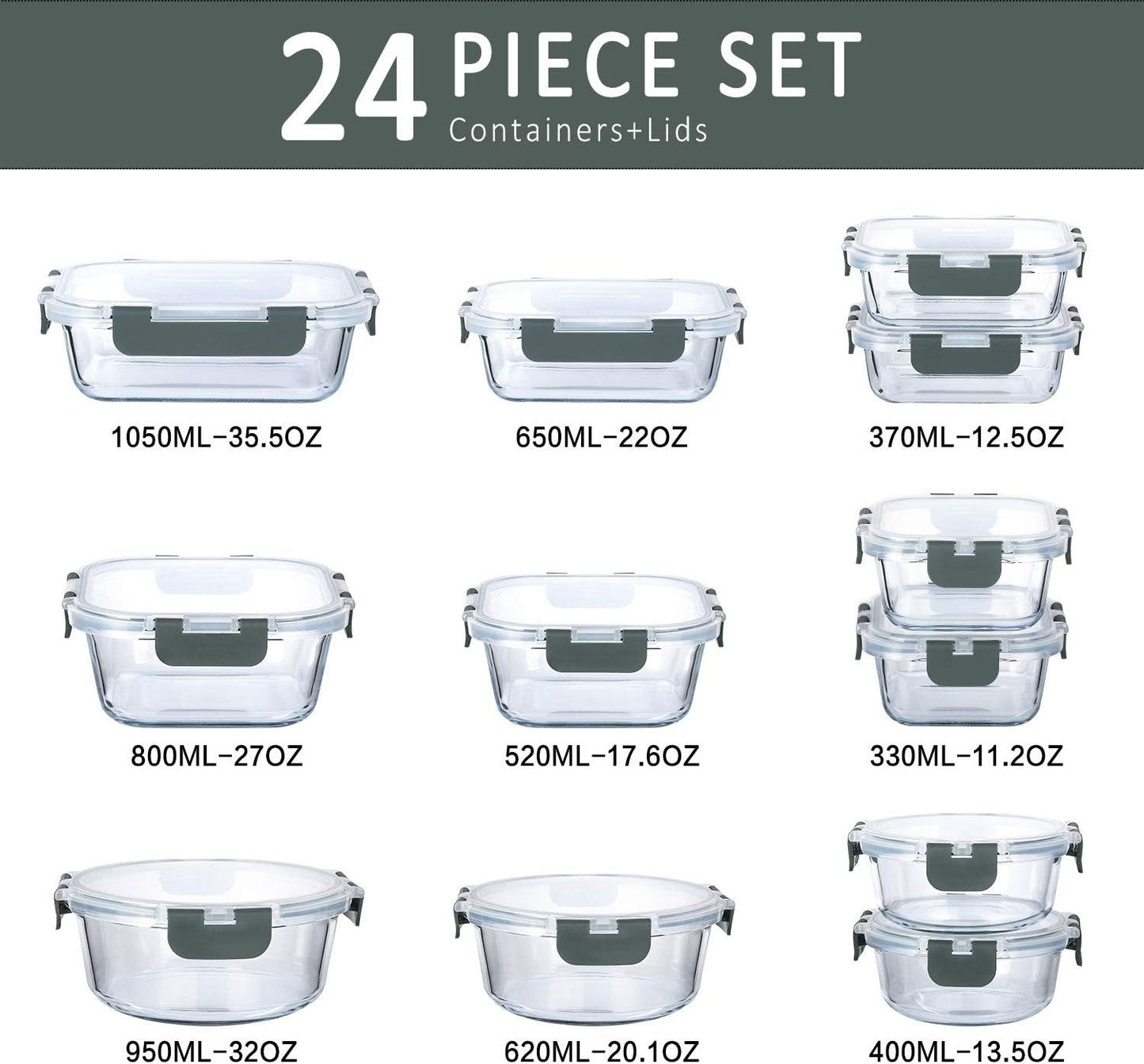 M MCIRCO 36 oz 3 Compartments Glass Meal Prep Containers set of 5 and 24Pcs Glass Food Storage Containers Set