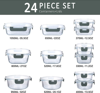 M MCIRCO 36 oz 3 Compartments Glass Meal Prep Containers set of 5 and 24Pcs Glass Food Storage Containers Set