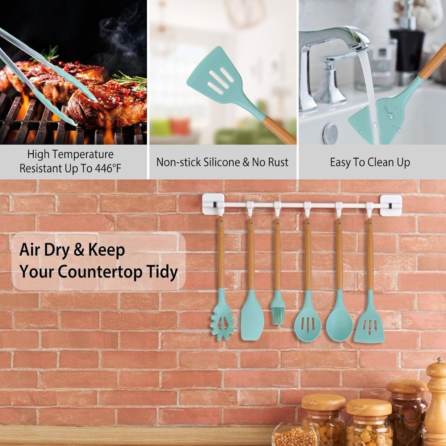 11Pcs Silicone Cooking Utensils Set with Wooden Handle, Heat Resistant Kitchen Utensil Set incl Spatula, Ladle, Tongs & Whisk, Non-Stick & Dishwasher Safe w/Holder