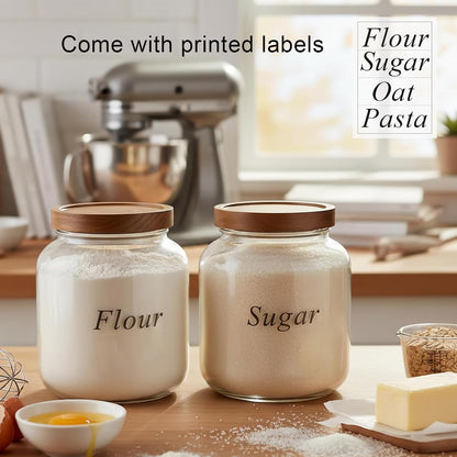 2 Pack Glass Flour Sugar Storage Containers with Acacia Wooden Lid, 1 Gallon Glass Jars with Airtight Lid, Wide Mouth Large Mason Jars 128oz for Rice, Pasta, Oats, Coffee Storage