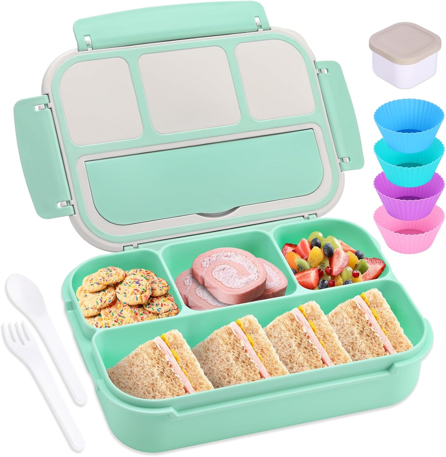 Bento Box Adult Lunch Box, Lunch Containers for Kids Girls Boys with 4 Compartments, Lunchable Food Container with Utensils, Sauce Jar, Muffin Liners, 40 Oz/5 Cup, Microwave Safe, Lavender