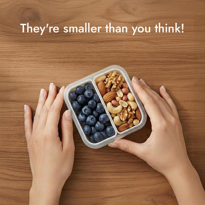 carrotez 2 Compartment Small Snack Containers, Mini Snack Containers for Mini Fridge, Small Divided Food Storage Containers, Airtight Lids, Reusable, 1.1 cup, 2 PACK