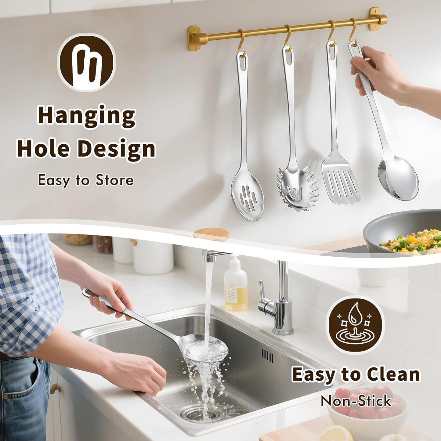 9 Pcs Cooking Utensils Set, Stainless Steel Kitchen Utensils, Heat Resistant Metal Kitchen Tools Include Solid & Slotted Spatula, Serving Spoon, Ladle, Pasta Server,Potato Maseher, Egg Whisk, Silver