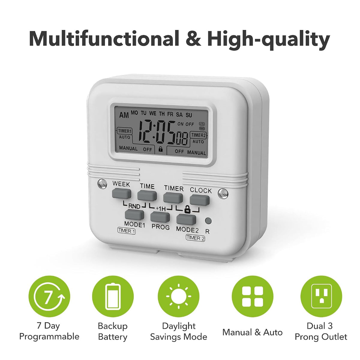 BN-LINK Indoor 7-Day Programmable Digital Timer Outlet, 2 Outlets